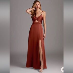 AZAZIE JENNA Terracotta A-Line Pleated Stretch Satin Dress - SIZE 10
